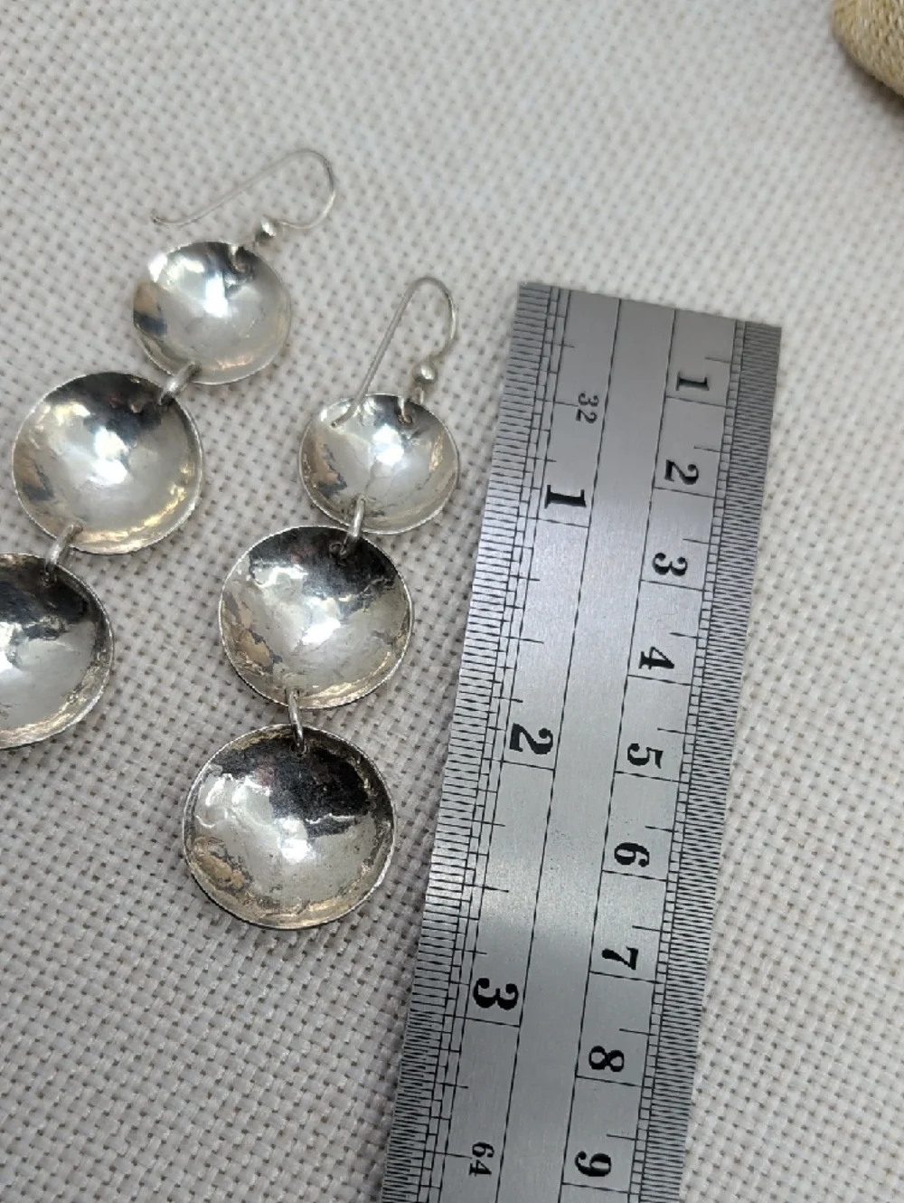 Vintage Sterling Silver Graduated Dome Disc Drop Earrings Handmade Artisan 1990s